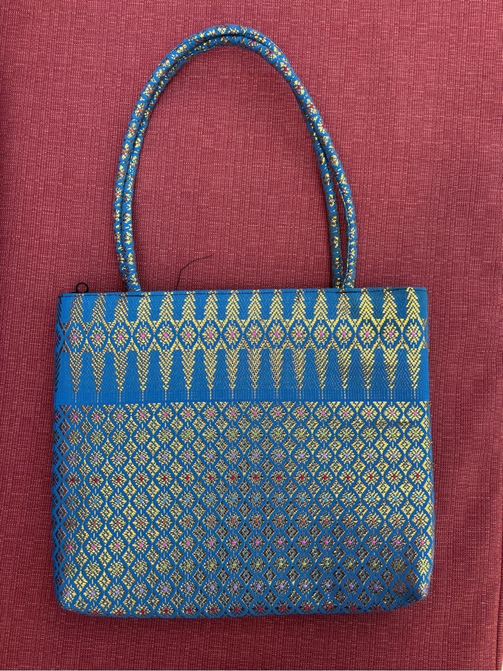 Vintage Teal & Gold Woven Tote Bag Metallic Embroidered Lightweight Boho Purse